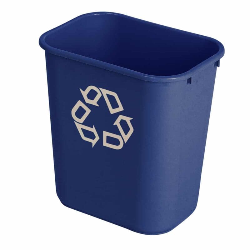 Rechthoekige afvalbak 26,6 liter blauw, recyclingsymbool - VB 002956